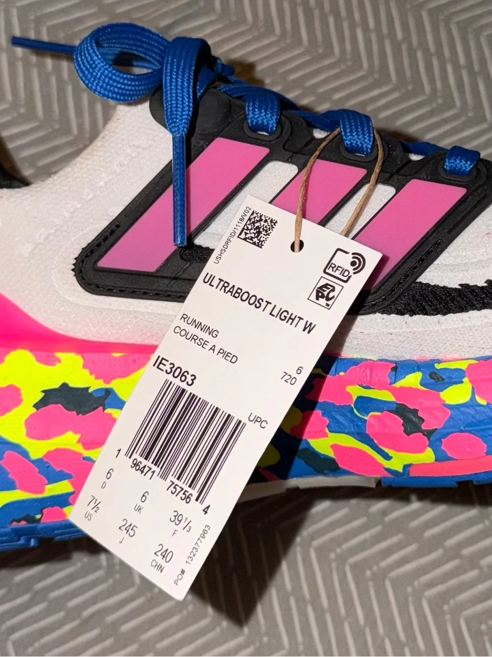 Adidas Ultraboost Light Running Shoe - White with Pink & Neon Multicolor Sole